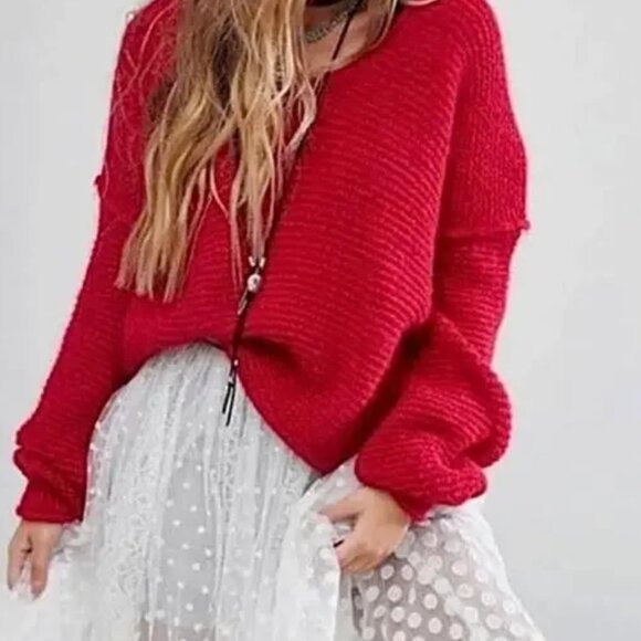 Free People S V-Neck Oversized Knit Sweater All Mine Hot Pink Alpaca Bl Slouchy - Picture 1 of 10